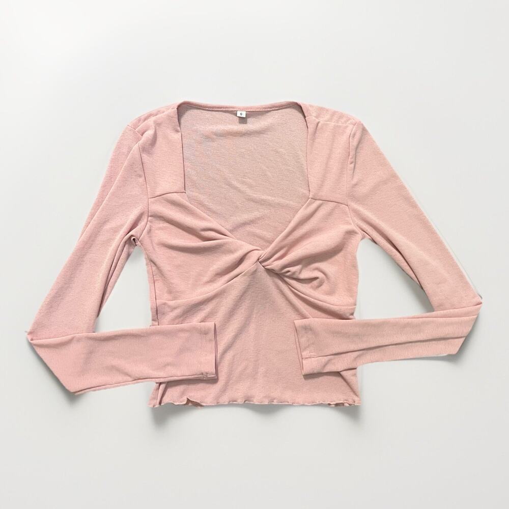 Pink Twist Front Long Sleeve Ribbed Knit Top Women’s Small Cute Basic Tee
